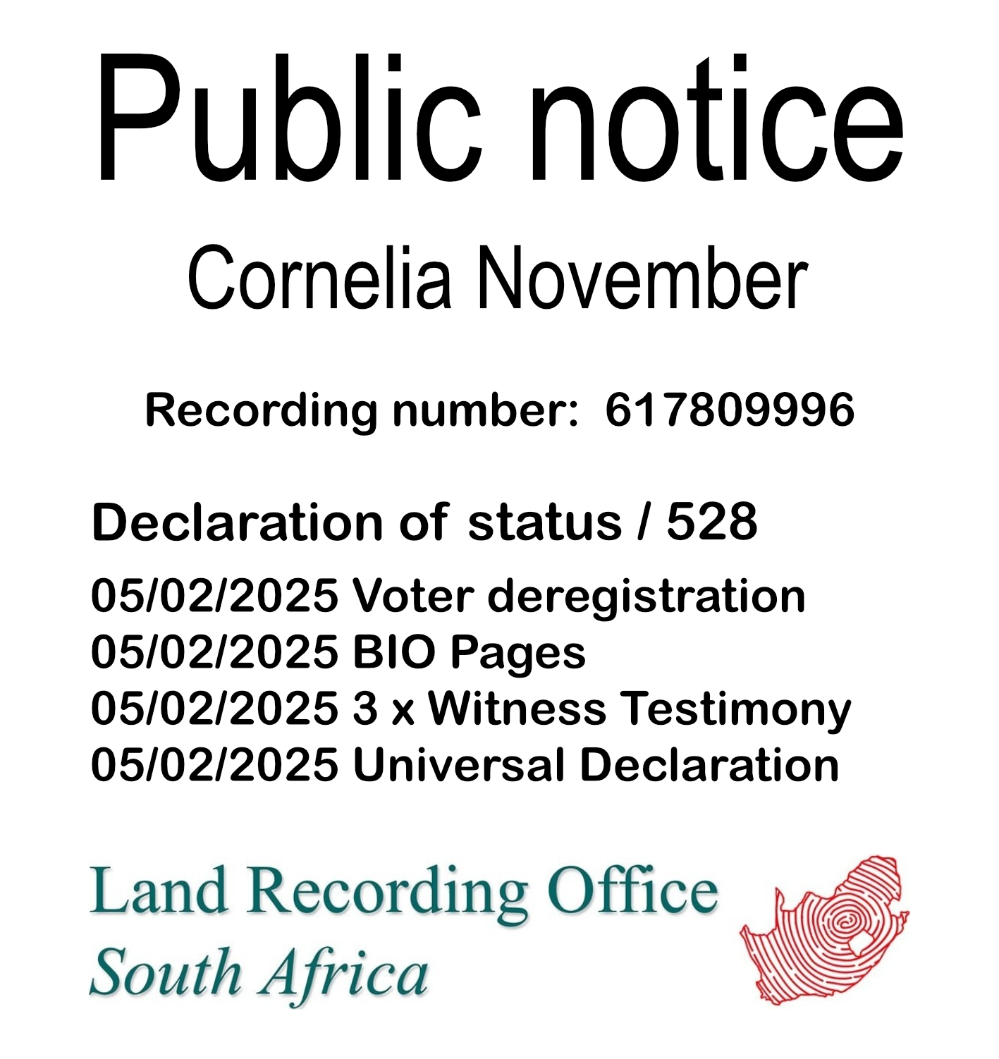 Public notice Cornelia November Recording number 617809996